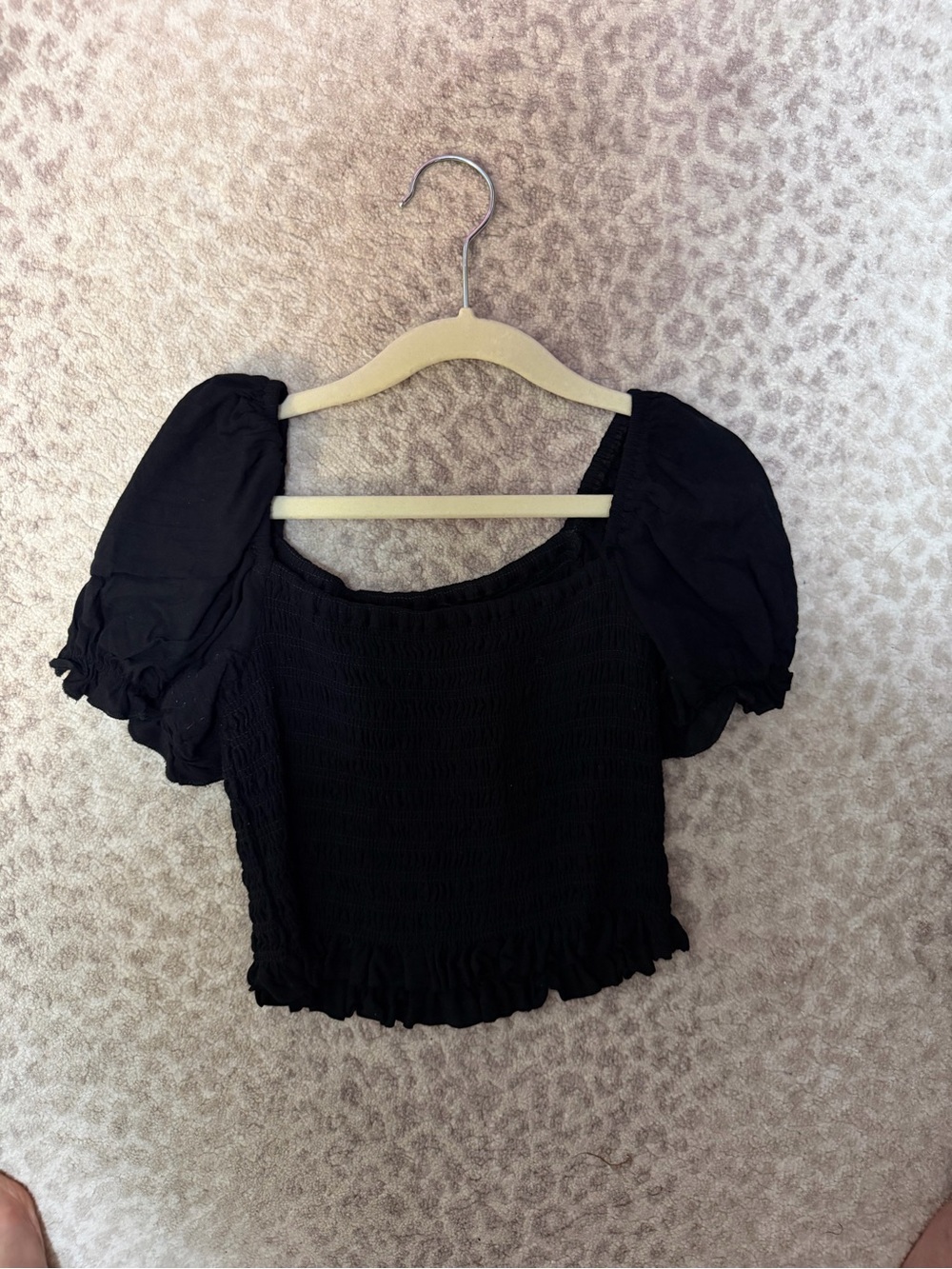 Katie J NYC Black Smocked Puff Sleeve Crop Top